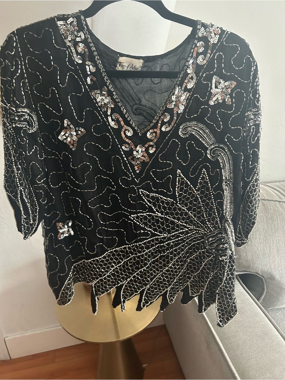 Vtg Silk Black Beaded Sequins Top Asymmetrical  Fairy  Whimsigoth Size M